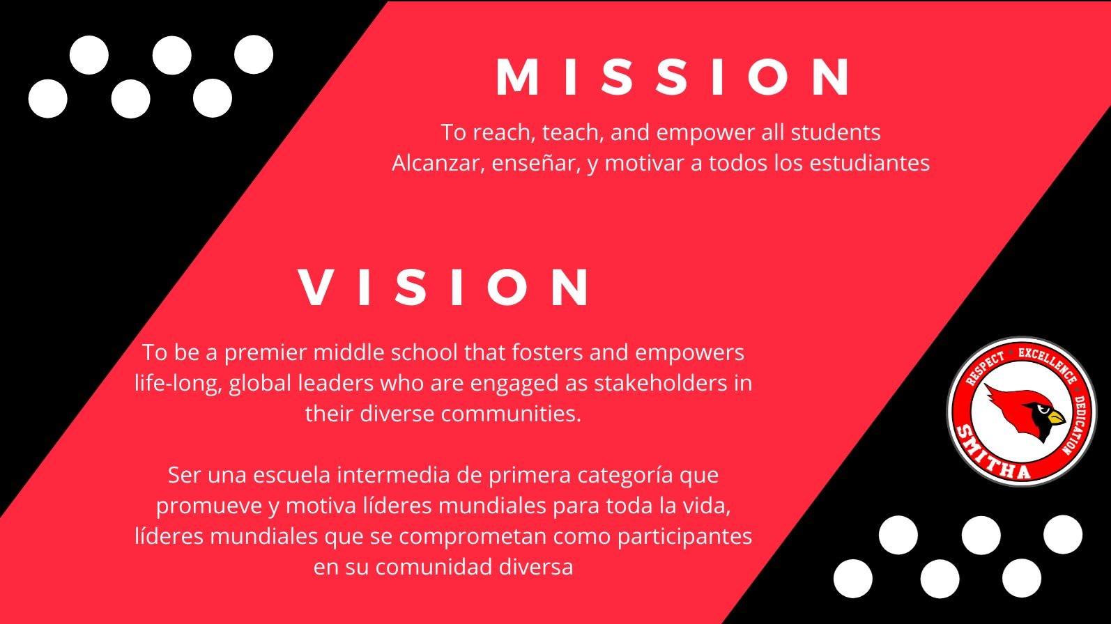 Red and black stripped slide with white dots. Mission: To reach, teach and empower all students. Vision: to be a premier middle school that fosters and empowers life-long, global leaders who are engaged as stakeholders in their diverse communities.